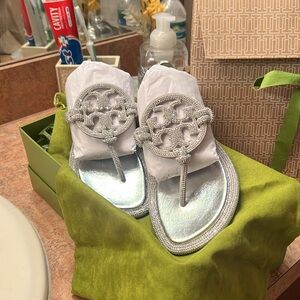 Tory Burch Silver Sandals with Medallion Design